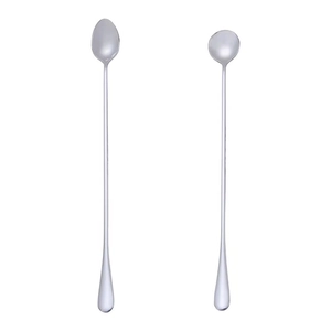 Close-up of dual-head long handle 304 stainless steel cocktail stirring spoons with forks