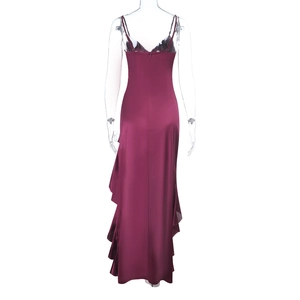 Back view of wine red satin evening dress showing thin straps and ruffled fishtail hem