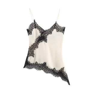 Satin camisole top with black eyelash lace trim and asymmetric hem in ivory white