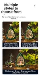 Detailed views of Christmas tree snow globe lanterns featuring Santa and reindeer scenes