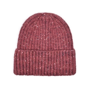 Detail of burgundy ribbed knit beanie with colorful flecks and a thick folded cuff