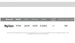 Detailed size chart for nylon tote bag with 37cm width and 100cm adjustable strap
