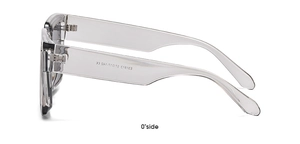 Detail view of transparent grey square frame temples with model size and CE logo