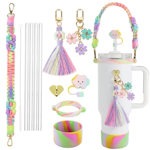Rainbow macaron woven cup strap set with flower tassel and silicone straw cover