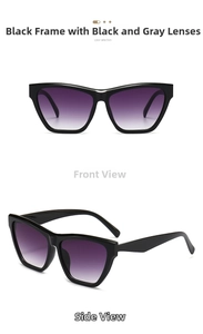 Front and side view of trendy black cat eye sunglasses with grey gradient lenses