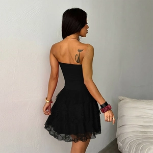 Sexy black strapless backless lace dress with layered A-line skirt and slim fit