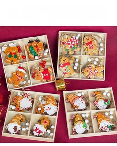 Close-up of 12pcs wooden gingerbread man and gnome ornaments in four-grid storage boxes