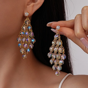 Elegant gold long tassel crystal rhombus earrings featuring colorful faceted glass beads
