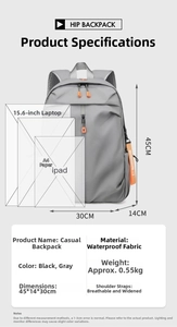 Waterproof laptop backpack details showing 45x14x30cm size and 15.6 inch laptop capacity