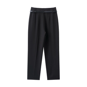 Detailed shot of black high-waisted straight-leg trousers with matching belt on white background