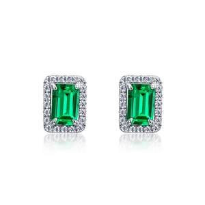 Classic S925 silver stud earrings with rectangle emerald and sparkling white zircon halo