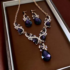 Collana E Orecchini Goccia D'acqua Palazzo Vintage Rame Strass Cristallo Con Perno Argento Lusso Elegante Donna