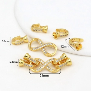 Detailed view of 18K gold plated jewelry connectors with cubic zirconia and size dimensions
