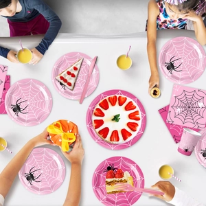 Pink Spider Girl party tableware set with paper plates and cups for birthday celebrations