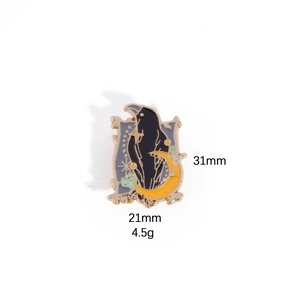 Detail view of enamel crow on crescent moon brooch with 31mm height and 21mm width dimensions