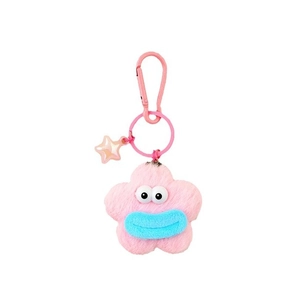 Pink plush flower keychain with blue sausage mouth and laser star charm on white background