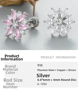 Detailed view of silver snowflake ear stud with pink zircon and 0.8x6mm pin dimensions