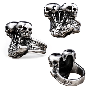 Gothic punk rock double skull ring in vintage stainless steel finish for men and women