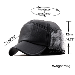 Detail of men winter flat cap with ear flaps featuring faux fur and pebble grain leather