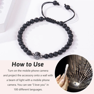 Black beaded couple bracelet with adjustable cord and I Love You 100 languages projection