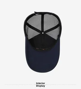 Inside view showing internal stitching and mesh lining of the navy blue baseball cap