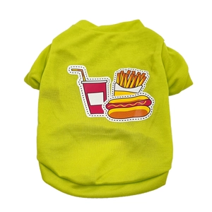 Detail of neon green pet t-shirt with fast food cartoon prints on breathable fabric