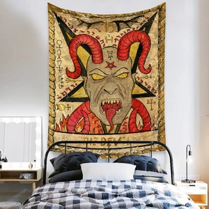Detail of The Devil tarot tapestry showing vintage red devil head and ornate borders