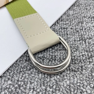 Detailed macro shot of silver double ring buckle on green canvas belt with PU leather