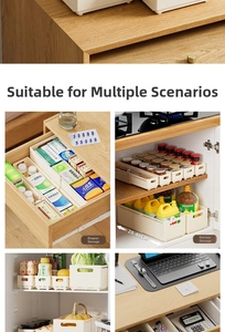Deep drawer organizers shown in kitchen, fridge, bedroom and desk settings