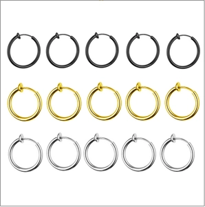 Set of 15 stainless steel non-pierced ear clips in black, gold, and silver finishes