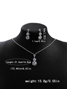 Detailed dimensions for zircon flower bridal necklace and earring set with silver finish