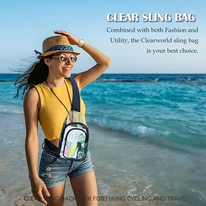 Clear PVC crossbody bag for beach use with adjustable nylon strap and waterproof zippers