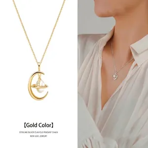S925 silver crescent moon and pearl pendant necklace in gold finish with crystals