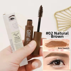Detail view of natural brown eyebrow gel with brush applicator and arm swatches