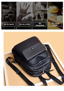 Detail of dark blue pebbled leather backpack showing multi-zipper pockets and flap pouch