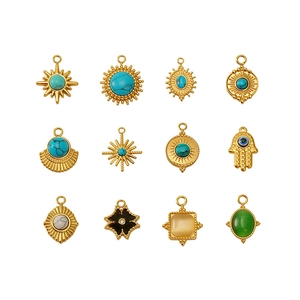 Golden titanium steel jewelry charms with natural turquoise and stones in various shapes
