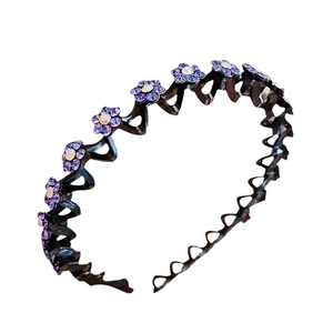 Elegant wavy headband with purple rhinestone flowers for women's hairstyling