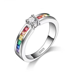 Colorful Zircon Floral Ring Copper Silver Plated Geometric Fashion Jewelry For Women Elegant Birthday Gift