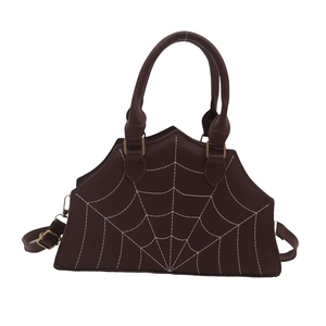 Dark brown chic handbag with white spider web stitching and gold metal accessories
