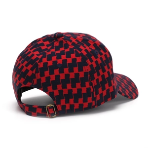 Classic red and black plaid baseball cap with adjustable metal buckle from a rear-side view