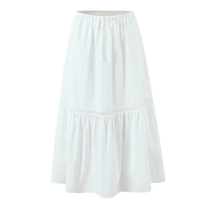 White French lace maxi skirt with drawstring waist and delicate hollow stitching details