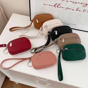Mini Portamonete Donna Pelle PU Grana Litchi Doppia Cerniera Portafoglio Con Cinturino Da Polso Portachiavi Carino
