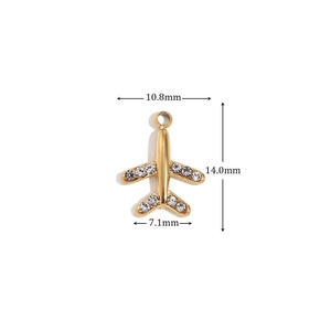Detail view of a gold airplane pendant with zircons showing 10.8mm and 14.0mm dimensions