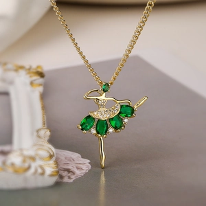 Exquisite 18K gold-plated ballet dancer necklace with sparkling green gemstone pendant
