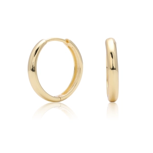 Detailed view of polished gold hoop earrings with a sleek mirror finish and hinge closure