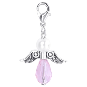 Detail of crystal teardrop angel wing pendant with pink stone and lobster clasp