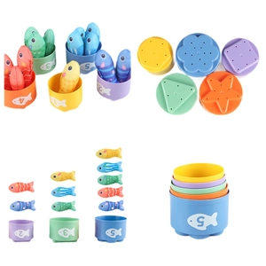 Educational stackable nesting cups and plush fish toy set for early learning development