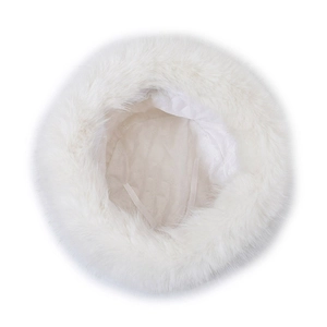 Plush white faux fur trapper hat with quilted lining and adjustable inner drawstring