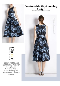Detail view of blue floral sleeveless A-line dress with satin finish and jacquard texture