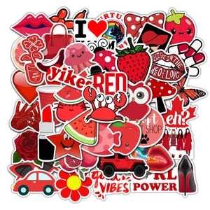 Vibrant collection of 50 red themed waterproof stickers for luggage and laptops